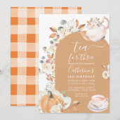 お茶会で3人一緒のパンプキンボホフラワーの3歳誕生日 招待状 (正面/裏面)