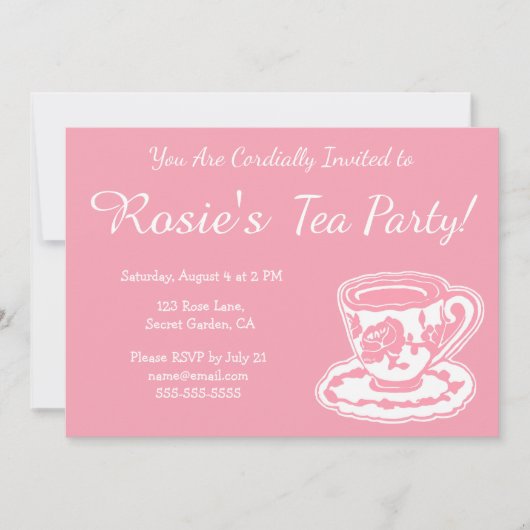 お茶会のピンクのバラのティーカップのカスタムの招待状 招待状 (正面)