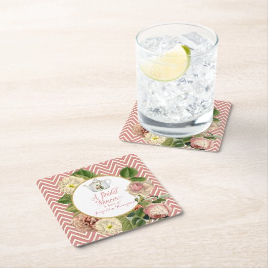 お茶会のブライダルシャワーのシェブロンのストライプは上がりました スクエアペーパーコースター (インサイチュ)