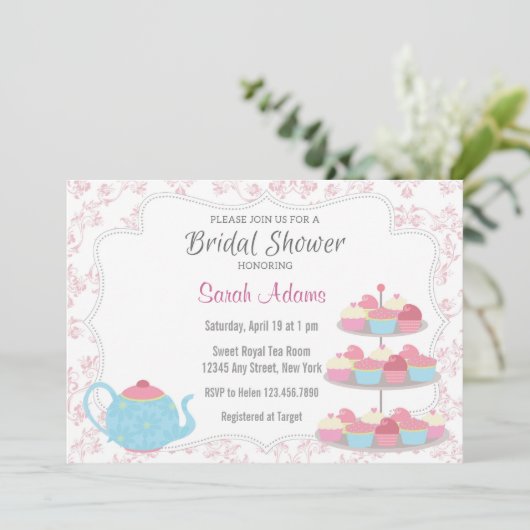 お茶会のブライダルシャワーの招待状のピンクの花柄 招待状 (スタンド正面)