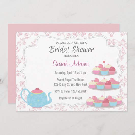 お茶会のブライダルシャワーの招待状のピンクの花柄 招待状 (正面/裏面)