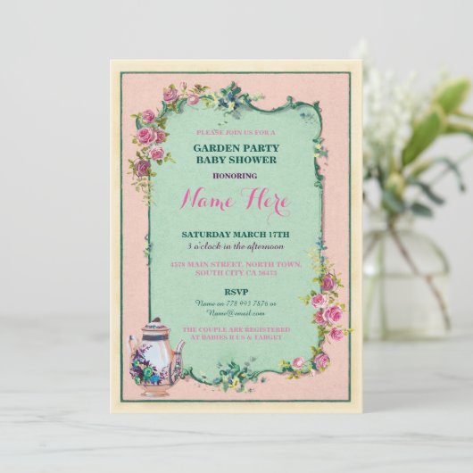 お茶会のベビーシャワーの庭のティーポットの招待状 招待状 (スタンド正面)