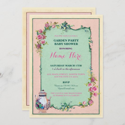 お茶会のベビーシャワーの庭のティーポットの招待状 招待状 (正面/裏面)