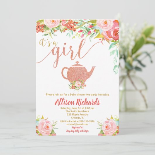 お茶会のベビーシャワーの招待のばら色の金ゴールド 招待状 (スタンド正面)