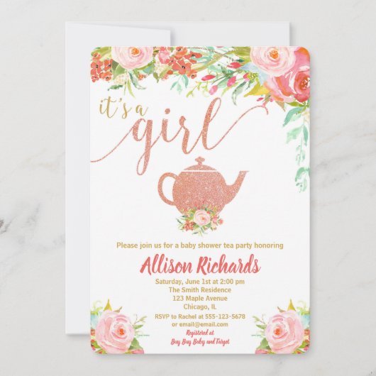 お茶会のベビーシャワーの招待のばら色の金ゴールド 招待状 (正面)