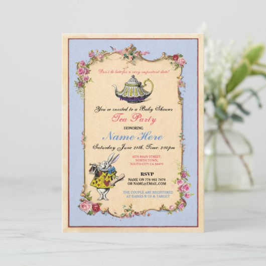 お茶会のベビーシャワーの青いピンクのティーポットの招待状 招待状 (スタンド正面)