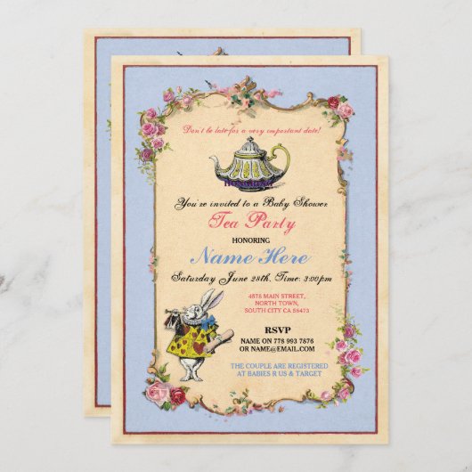 お茶会のベビーシャワーの青いピンクのティーポットの招待状 招待状 (正面/裏面)