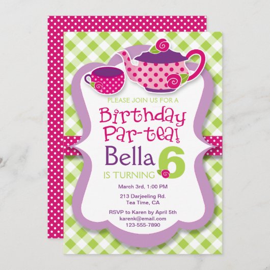 お茶会の女の子の誕生日のパーティの招待状 招待状 (正面/裏面)