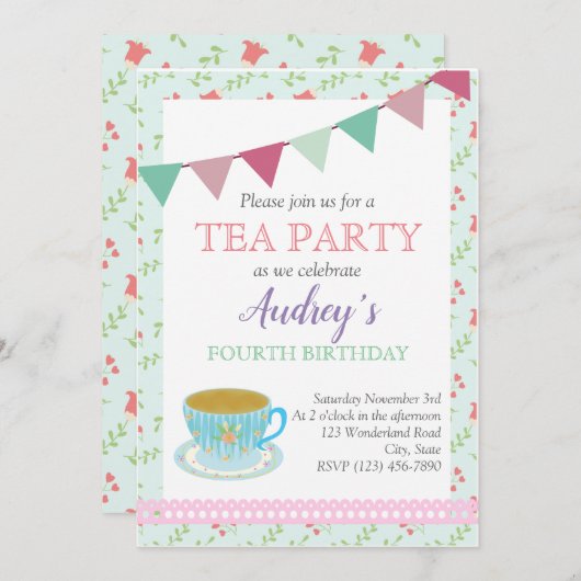 お茶会の女の子の誕生日シャビーシックな午後のお茶 招待状 (正面/裏面)