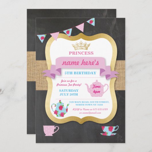 お茶会の招待のプリンセスの王冠のアリスの誕生日 招待状 (正面/裏面)