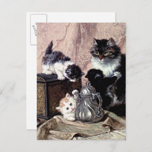 お茶会の旧式な絵画を遊んでいる猫の子ネコ インビテーションポストカード (正面/裏面)