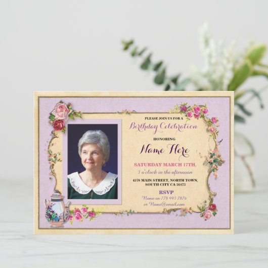 お茶会の誕生日の庭のティーポットの写真のバラの招待 招待状 (スタンド正面)