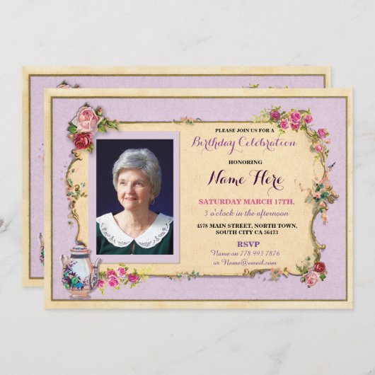 お茶会の誕生日の庭のティーポットの写真のバラの招待 招待状 (正面/裏面)