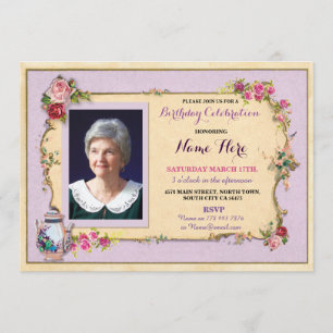 お茶会の誕生日の庭のティーポットの写真のバラの招待 招待状