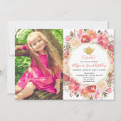 お茶会の誕生日、珊瑚の赤面のピンクの金ゴールドの写真 招待状 (正面)