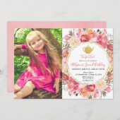 お茶会の誕生日、珊瑚の赤面のピンクの金ゴールドの写真 招待状 (正面/裏面)