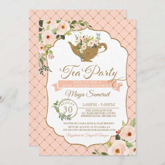 お茶会の贅沢な赤面の花の女の子のベビーシャワー 招待状 (正面/裏面)