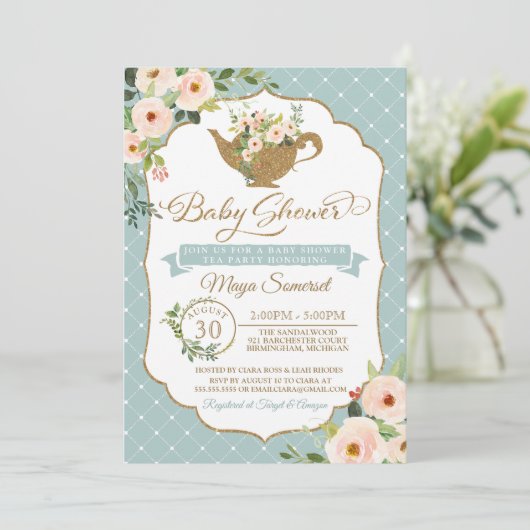 お茶会の青緑の赤面の花のベビーシャワー 招待状 (スタンド正面)