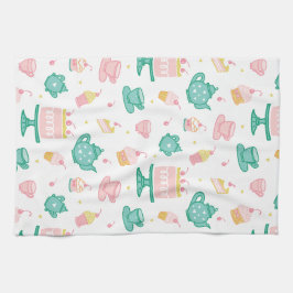 お茶名門私立校風のセットとケーキ キッチンタオル