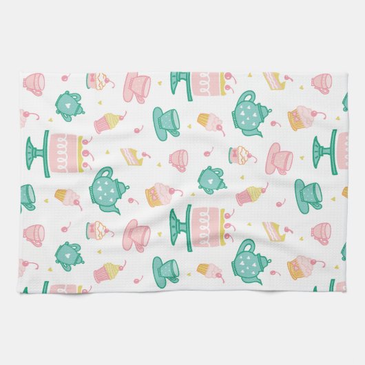 お茶名門私立校風のセットとケーキ キッチンタオル (横)