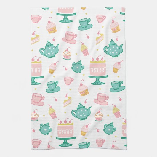 お茶名門私立校風のセットとケーキ キッチンタオル (縦)