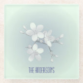 お茶室サインエレガント手描き花開き茶碗 ガラスコースター (正面)