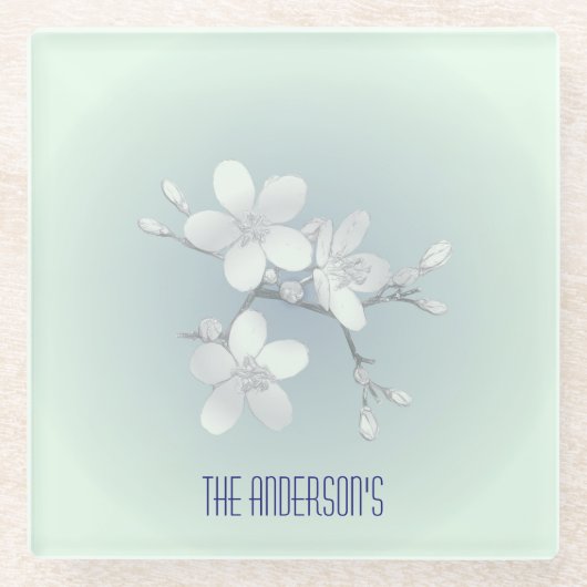 お茶室サインエレガント手描き花開き茶碗 ガラスコースター (正面)