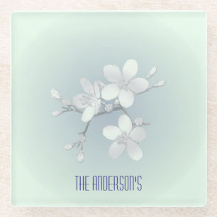 お茶室サインエレガント手描き花開き茶碗 ガラスコースター