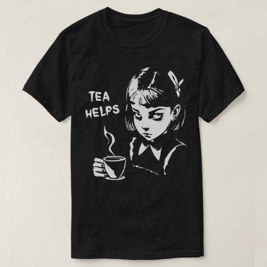 お茶救済の邪悪な謎の女の子がお茶を飲む Tシャツ (デザイン正面)