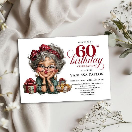 お茶目で面白い女性の60歳の誕生日招待状テンプレート 招待状