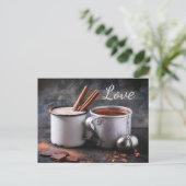 お茶素朴と熱いチョコレートのカップルの恋のカップ ポストカード (スタンド正面)
