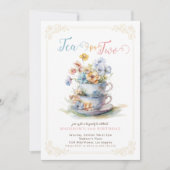 お茶2つの花園茶のパーティー誕生日 招待状 (正面)
