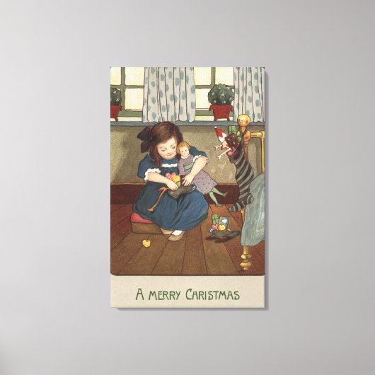 お菓子いっぱいのものをチェックする少女 キャンバスプリント (正面)