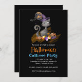 お菓子とハロウィンの水彩画の黒猫 招待状 (正面/裏面)