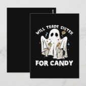 お菓子と妹を交換しようかわいいハロウィンの幽霊 ポストカード (正面/裏面)
