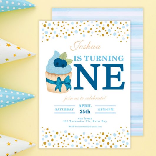 お菓子に飾る虹色の粉 スイートブルーベリー カップケーキ 1歳の誕生日 招待状