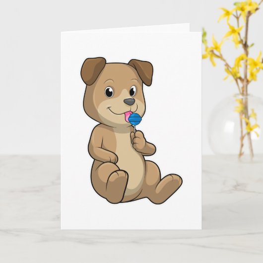 お菓子のついた犬のペロペロキャンディ カード (黄色い花)