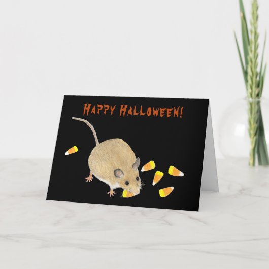 お菓子のトウモロコシでハロウィンを楽しむネズミ カード (正面)