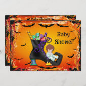 お菓子の魔女の靴にハロウィーンのベビーシャワーボーイ 招待状 (正面/裏面)