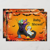 お菓子の魔女の靴にハロウィーンのベビーシャワー娘 招待状 (正面/裏面)