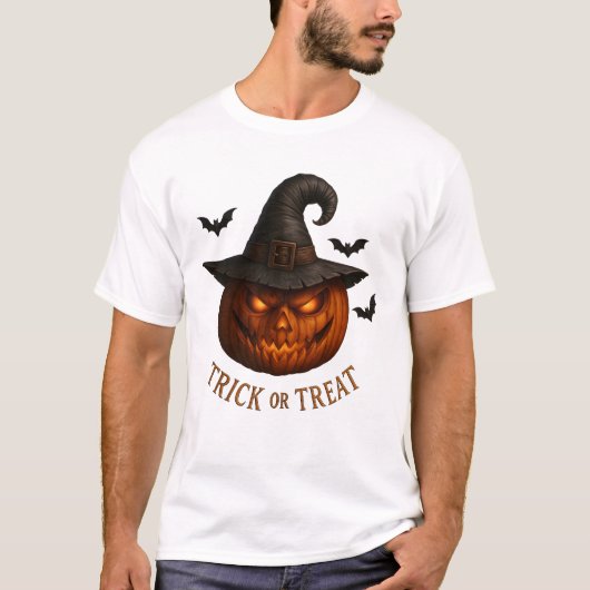 お菓子をくれなきゃイタズラしちゃうよ ハロウィンのかぼちゃのデザイン 魔女の帽子 Tシャツ (正面)