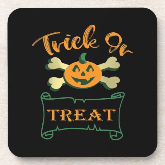 お菓子をくれなきゃイタズラしちゃうよ ハロウィンのかぼちゃの十字骨 コースター (正面)