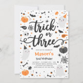 お菓子をくれなきゃイタズラしちゃうよ ハロウィン ゴースト 3歳 誕生日パーティー 招待状 (正面)