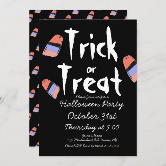 お菓子をくれなきゃイタズラしちゃうよ 黒の落書きデザインの衣装 招待状 (正面/裏面)