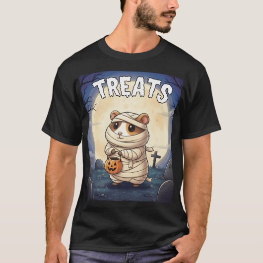 お菓子をどうぞ – ミイラのモルモット ハロウィン TinyFur Tシャツ (正面)