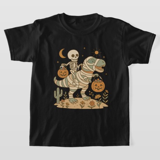 お菓子を持ったスケルトンの恐竜乗り物 Tシャツ (レイダウン)