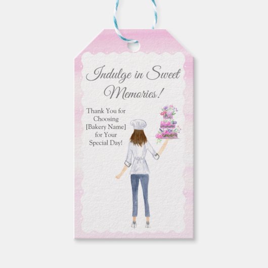 お菓子を添えた水結婚色パティシエ ギフトタグ (正面)