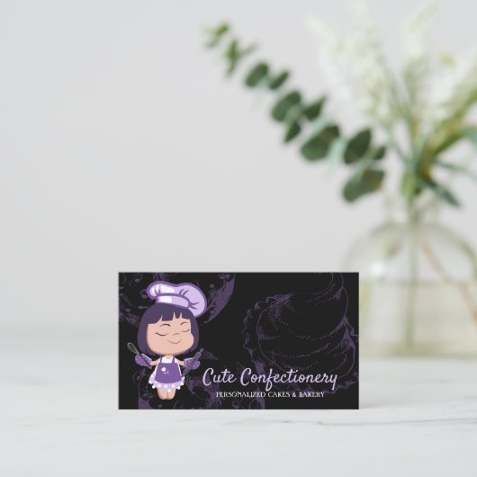 お菓子ベイカーパープルガールパティシシェフブラック 名刺 (スタンド正面)