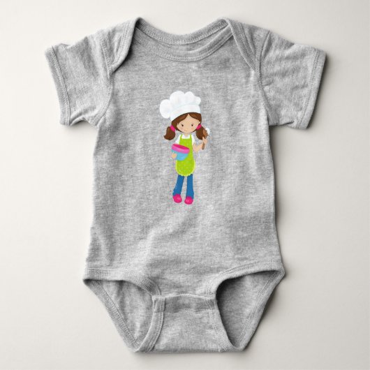 お菓子作り, パティシエ, パン屋, かわいい少女, 茶色の髪 ベビーボディスーツ (正面)