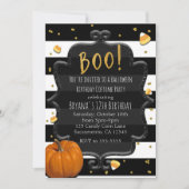 お菓子用のカボチャとオレンジ色のカボチャのハロウィン 招待状 (正面)